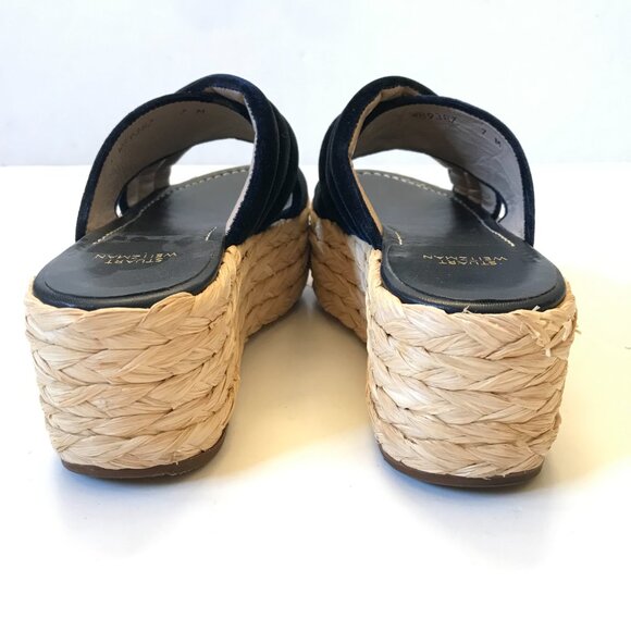 Stuart Weitzman Pufftopraffia Wedge Espadrille Sandals Womens 7 Navy Blue Velvet - Picture 9 of 11